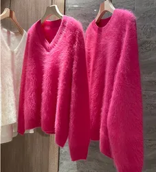 Autumn Winter Rose Red Mink Cashmere Loose Pullover Chic Fashion New Women V Neck Soft Mohair Knitted Thick Warm Sweater Jumper