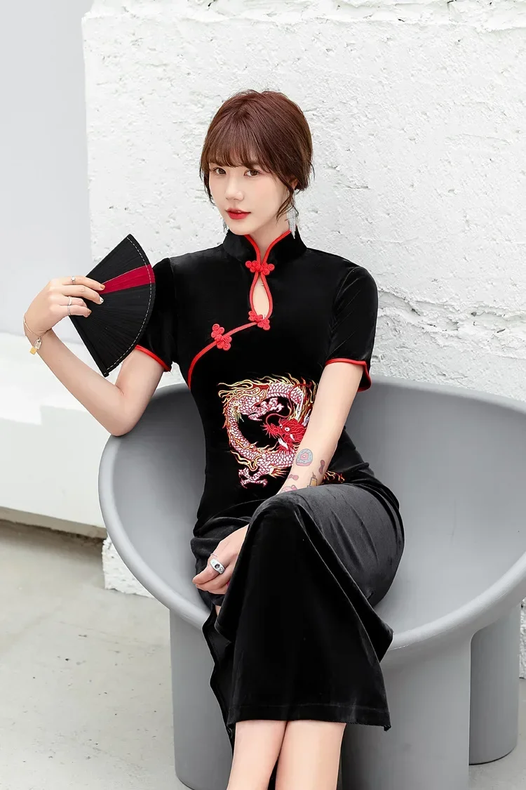 

Women Dress Embroidery Dragon Cheongsam Slim Slik Rayon Vintage Long Chinese Traditional Costumes Qipao Dresses