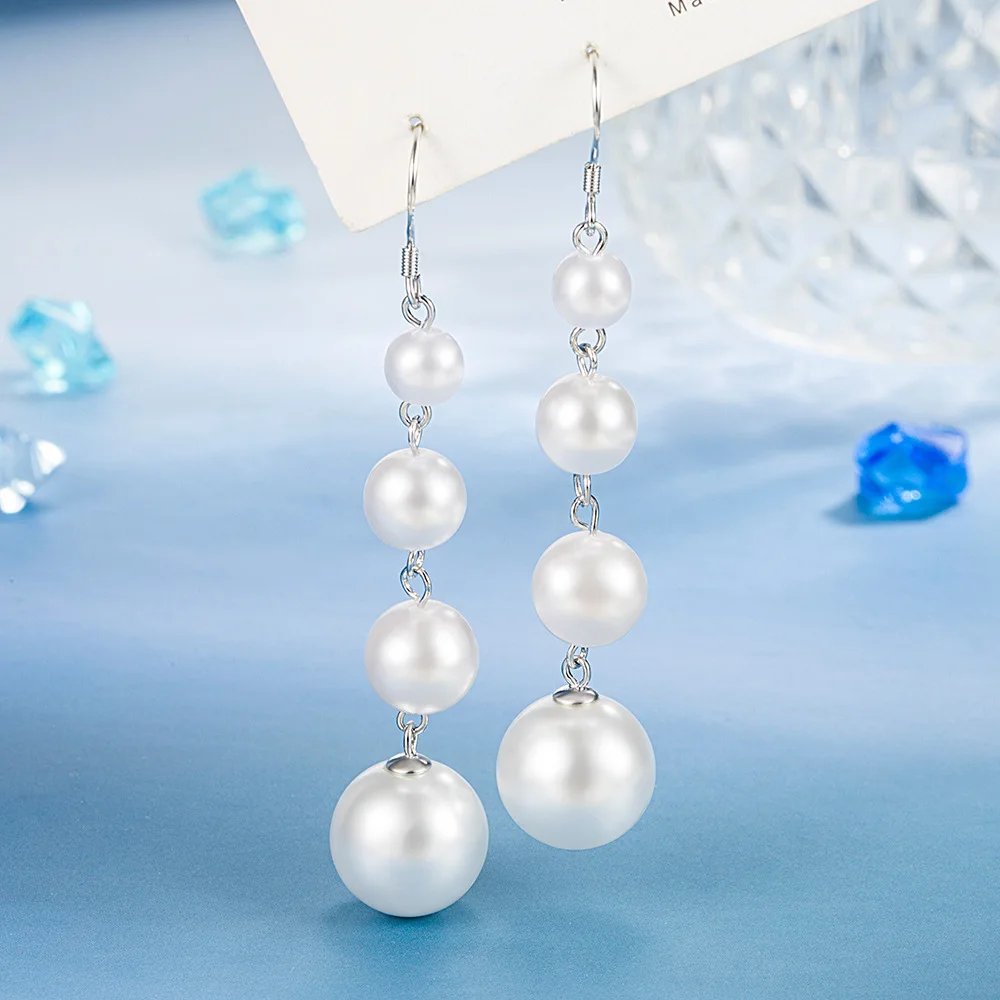 Long Pearl Drop Earrings for Women 925 Silver Hook Graduated Pearl Tassel Earrings Wedding Bridal Jewelry Gift