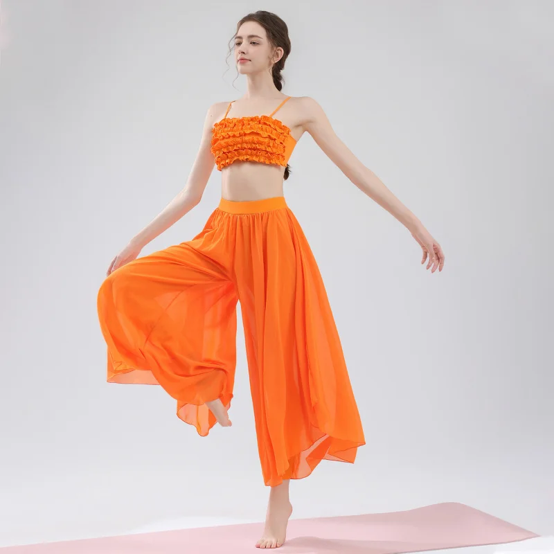 زي رقص اليوغا الكلاسيكي Dunhuang Flying Apsaras للنساء مع حمالة صدر رياضية من الدانتيل وسراويل ممارسة شيفون واسعة