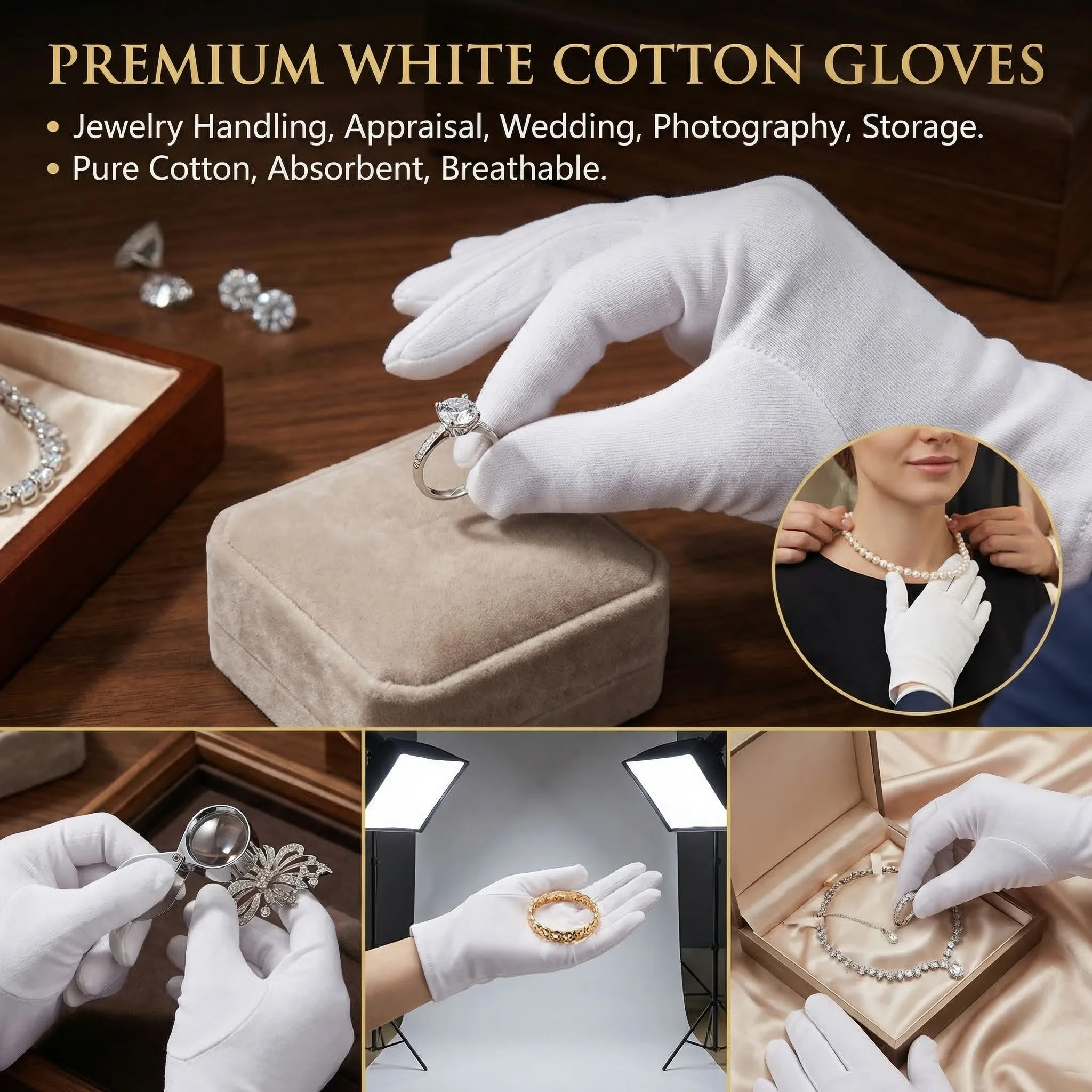 Picture 5: 100% Cotton Jewelry Handling Gloves Breathable Sweat-Absorbent White Gloves for Jeweler Watchmaker Polishing Anti-Fingerprint