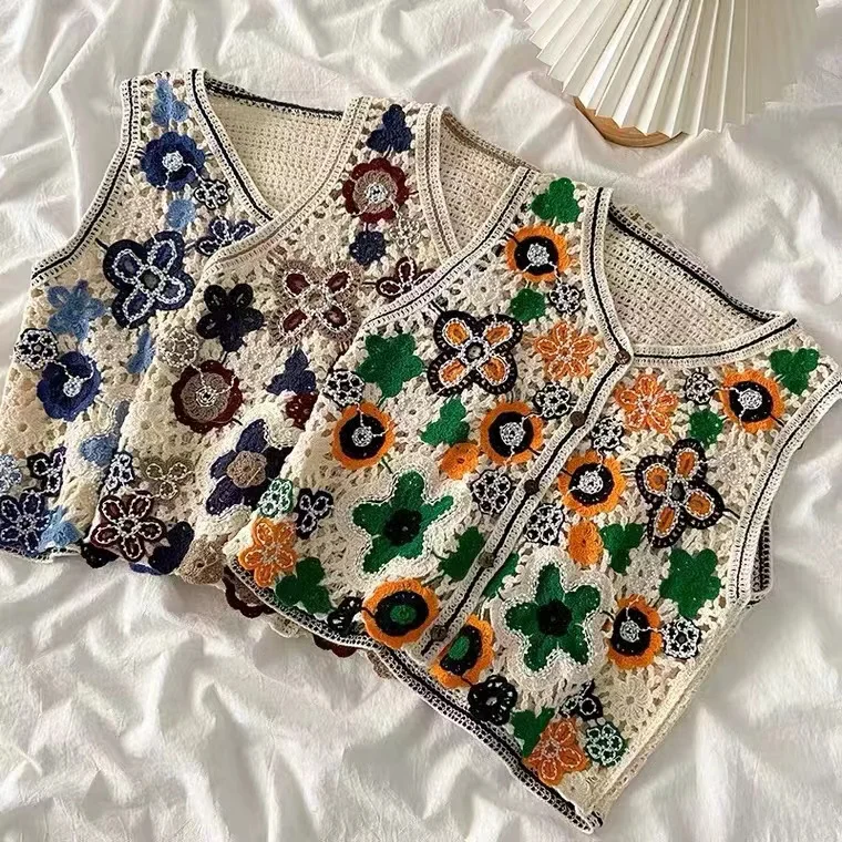

Retro Ethnic Beaded Lace Hollow out Thin Single Button Women's Vest Top Spring Summer Open Cardigan Outerwear Sweet Japanese ...
