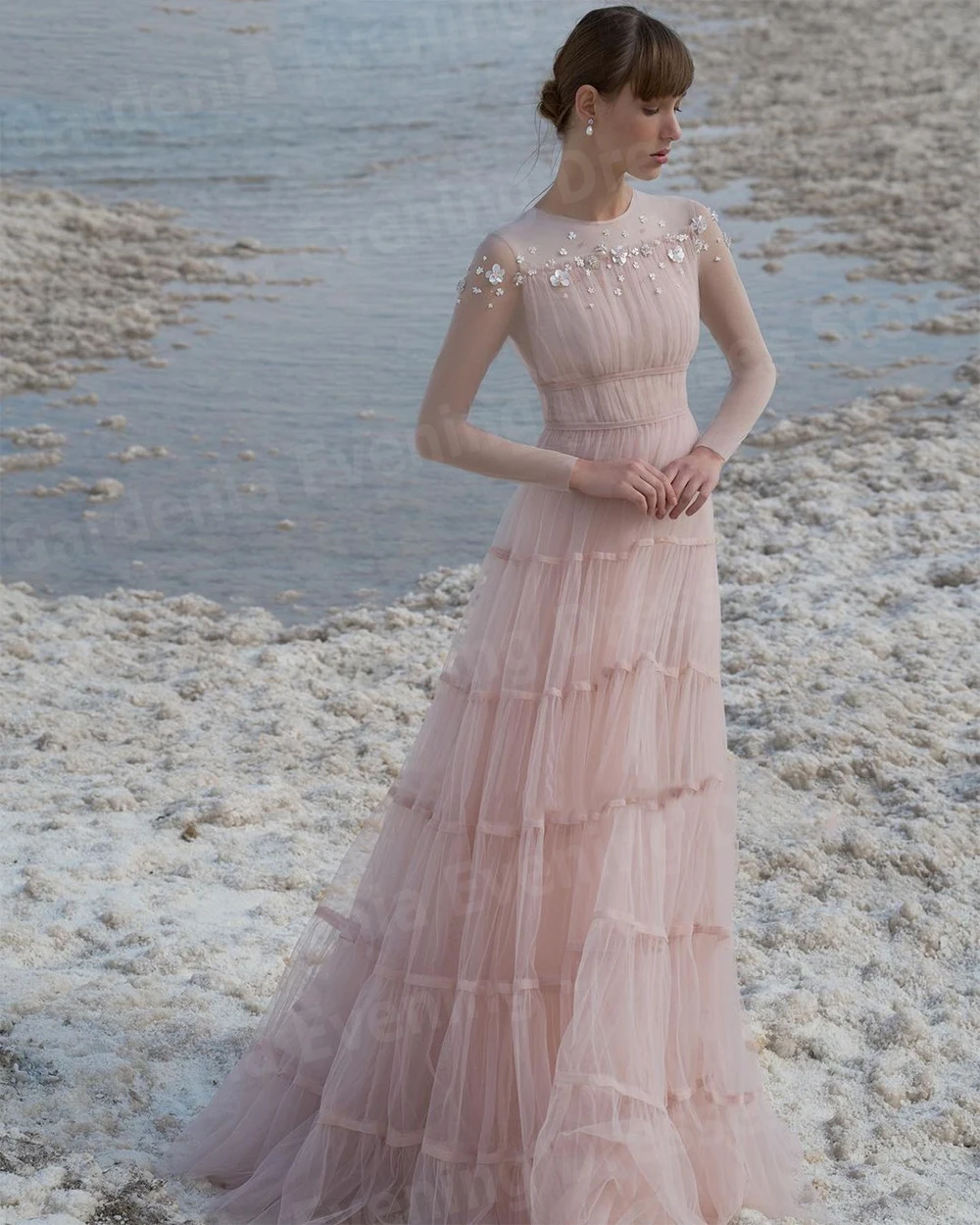 

Graceful A Line Women's Evening Dresses O Neck Long Sleeve Prom Gowns Customized Vestidos De Fiesta Flowers Tulle Robe De Soirée