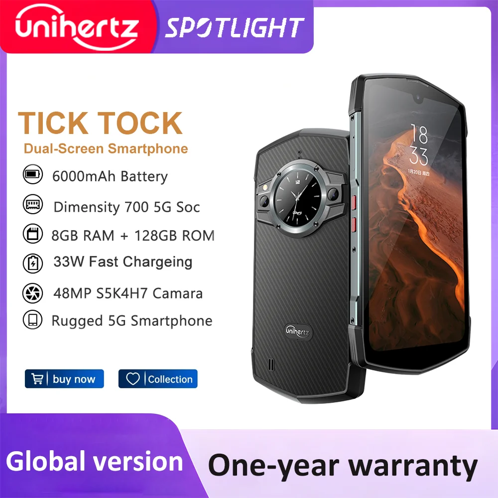 Unihertz Tick Tock 5G 견고한 스마트폰, 안드로이드 128/256GB 48MP 카메라 핸드폰, 6000mAh 휴대폰, 듀얼 스크린 IP 68 방수