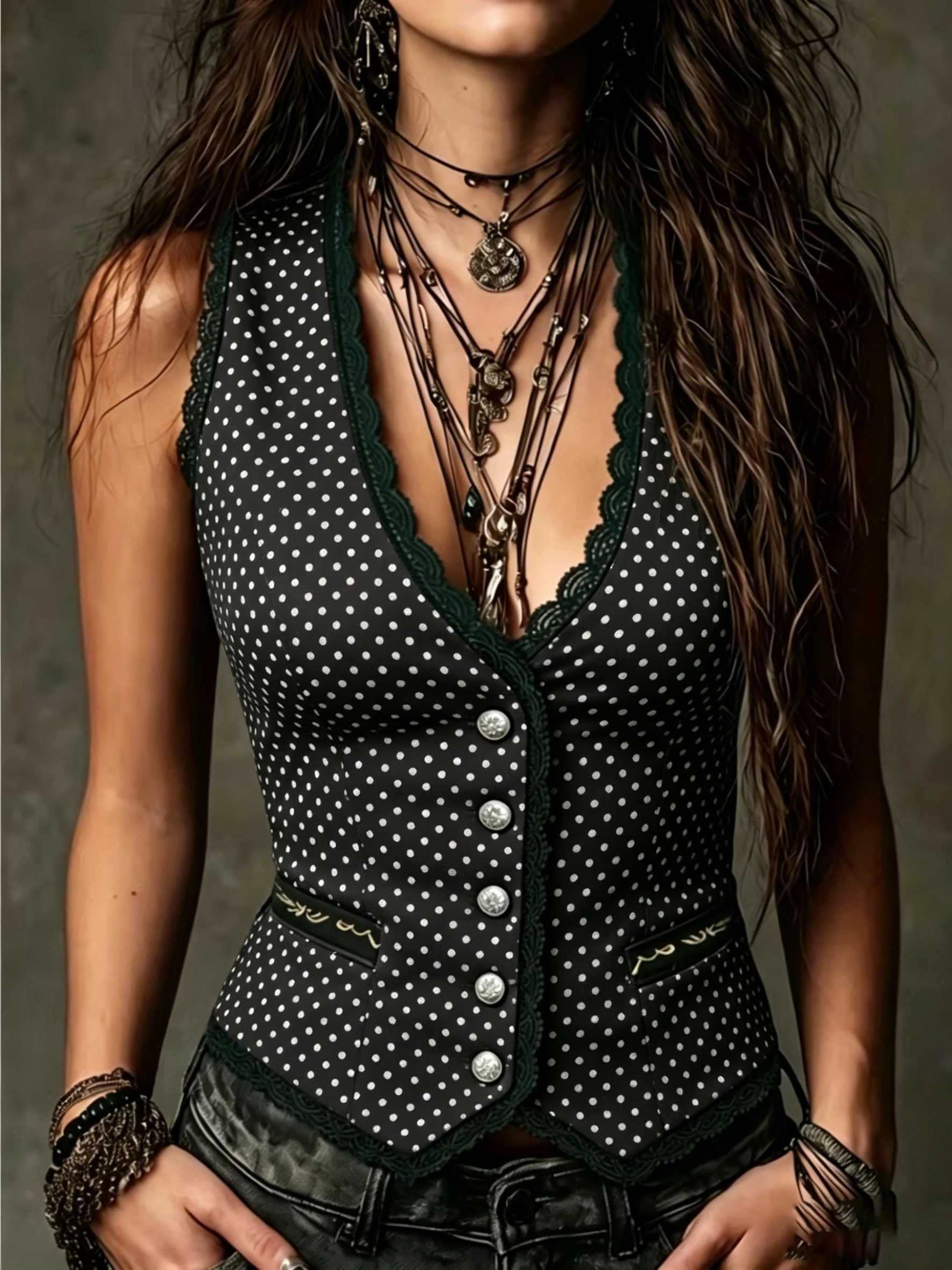 

Vintage Polka Dot Print Tank Top for Women Lace Trim V Neck Sleeveless Vest Slim Button Casual Streetwear Top for Daily Outfit