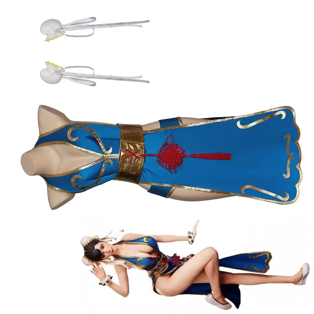 

Chun Li Cosplay Game Costume Women Sexy Blue Cheongsam Outfits Halloween Carnival Party Comic Con Battle Uniform Dress Suit