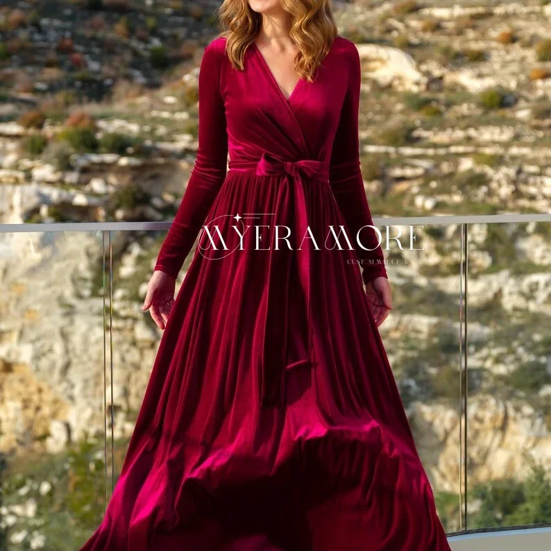 

Customized Wine Red Velvet Evening Dresses with Pockets Long Sleeves Belts V Neck Saudi Arabic Prom Dresses 2025 robes de soirée