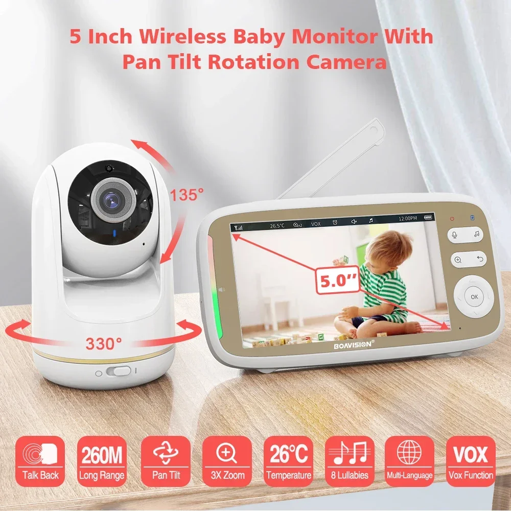 VB803 Baby Monitor 5 Inch 720P Larger Display 3X Zoom 2 Way Audio Night Vision Babysitter Camera built-in rechargeable 3050mAh