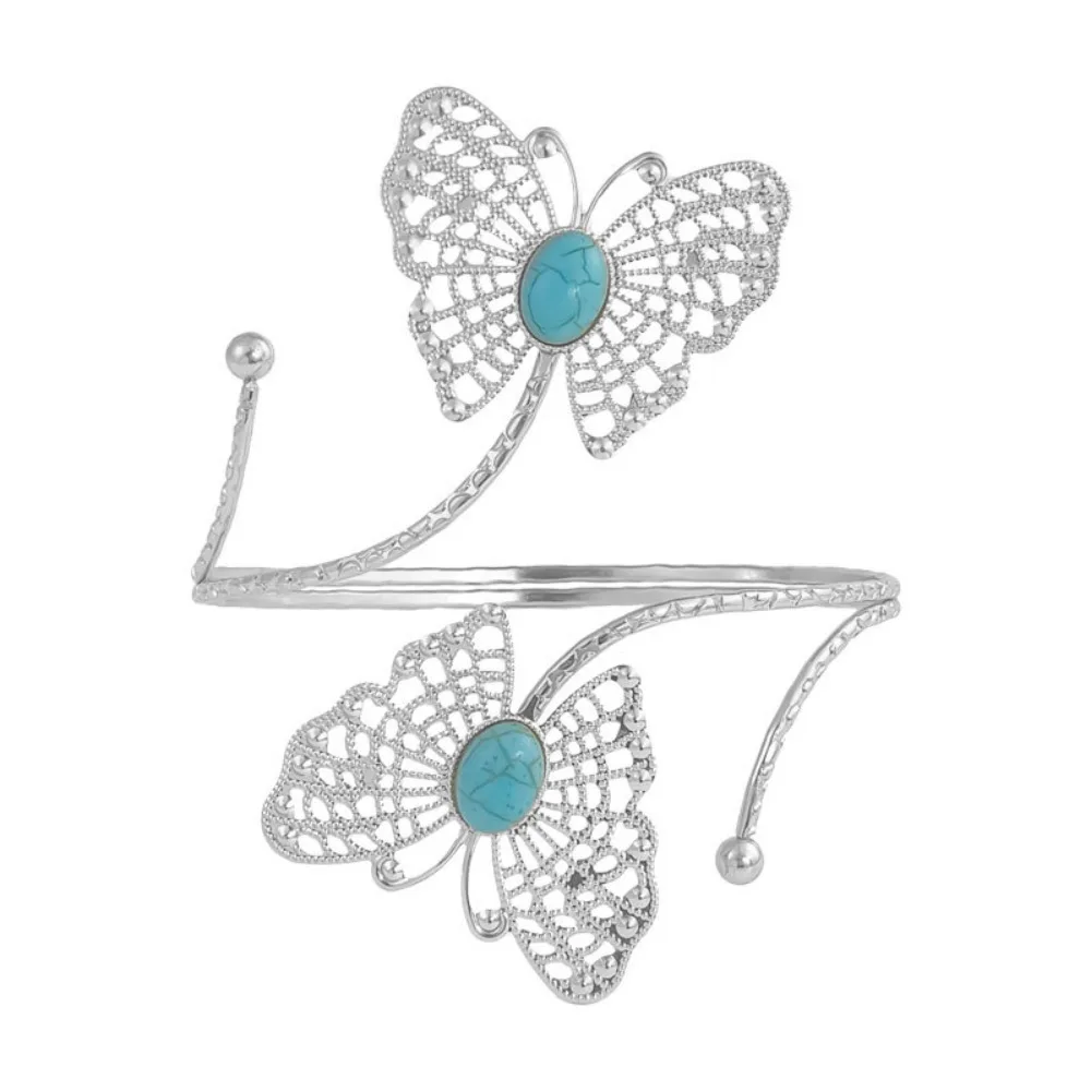Vintage Butterfly Open Cuff Armlet Turquoise Inlay Hollow Design Open Arm Ring Metal Adjustable Opening Curtain Buckle Gift