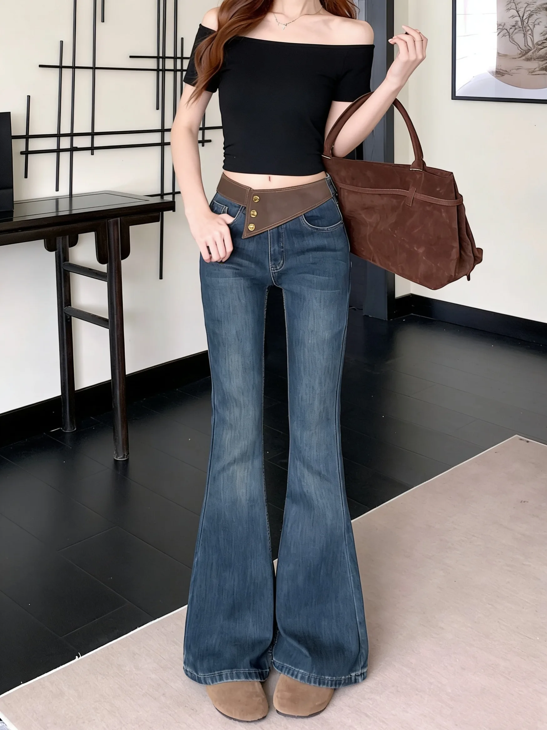 

Элегантные женские джинсы-клеш с высокой талией, летние, модные, в американском ретро-стиле, длинные брюки для повседневной носки, с эффектом потертости