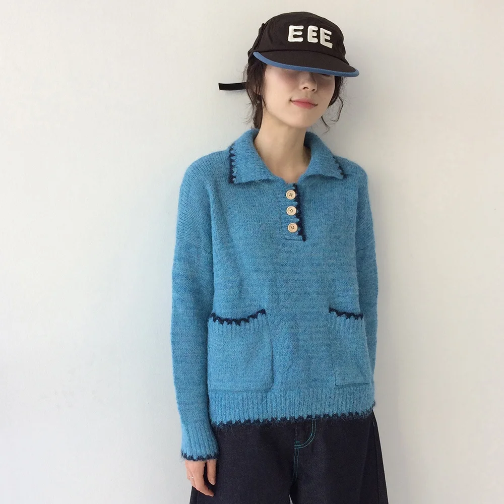 

Retro Japanese Sle Ne Knitted Sweater Women's Autumn Winter Versatile Lazy Sle Top Color Blo Lace Detail