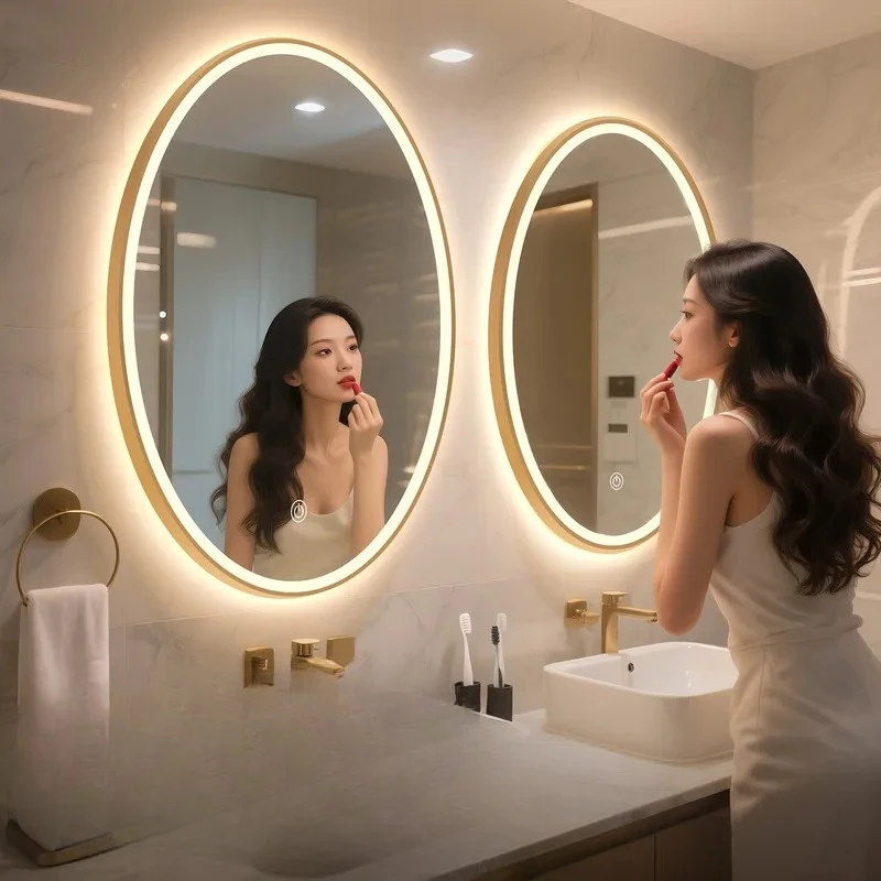 Smart LED Bathroom Mirror Elliptical Aluminum Frame Anti Fog Wall Mounted Lighted Vanity Mirror for Hotel BnB No Drill
