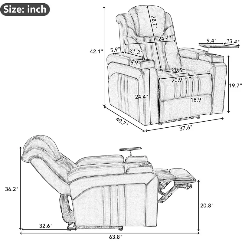 Electric Recliner Chair with USB Charge Port, 360 Swivel Tray Table, Hand in-Arm Storage, and Cup Holders, Ambient Lighting