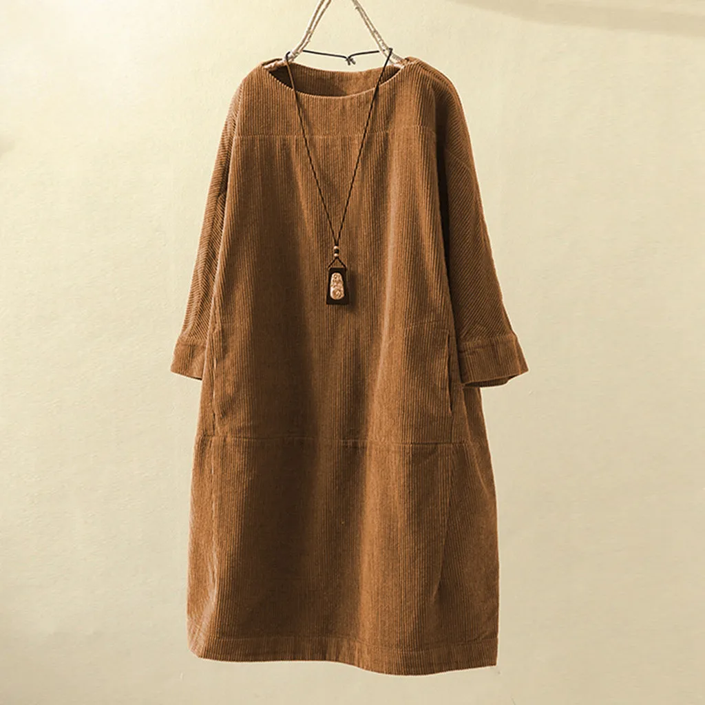 

Vintage Pockets Corduroy Solid Color Dress Long Sleeve Loose Fit Casual Dresses Round Neck 2024 Autumn Fashion Dress Women