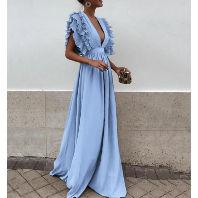 

Elegant Sexy Women's Dresses 2025 Deep V-neck Backless Solid color Flying Sleeve High Waist Big Swing Ladies Evening Party Dress