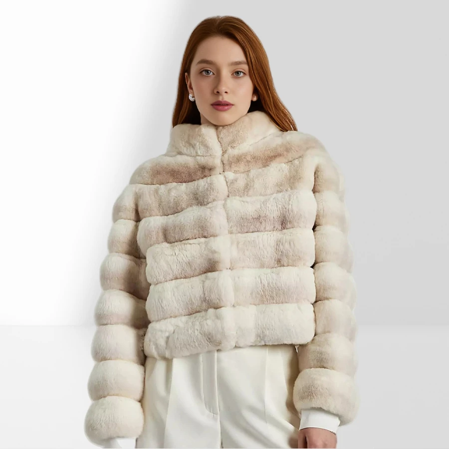 Abrigo de piel de conejo auténtica con cuello alto, abrigo de piel de Color Chinchilla para mujer, Chaqueta de piel corta de invierno, abrigo de piel Natural de alta calidad