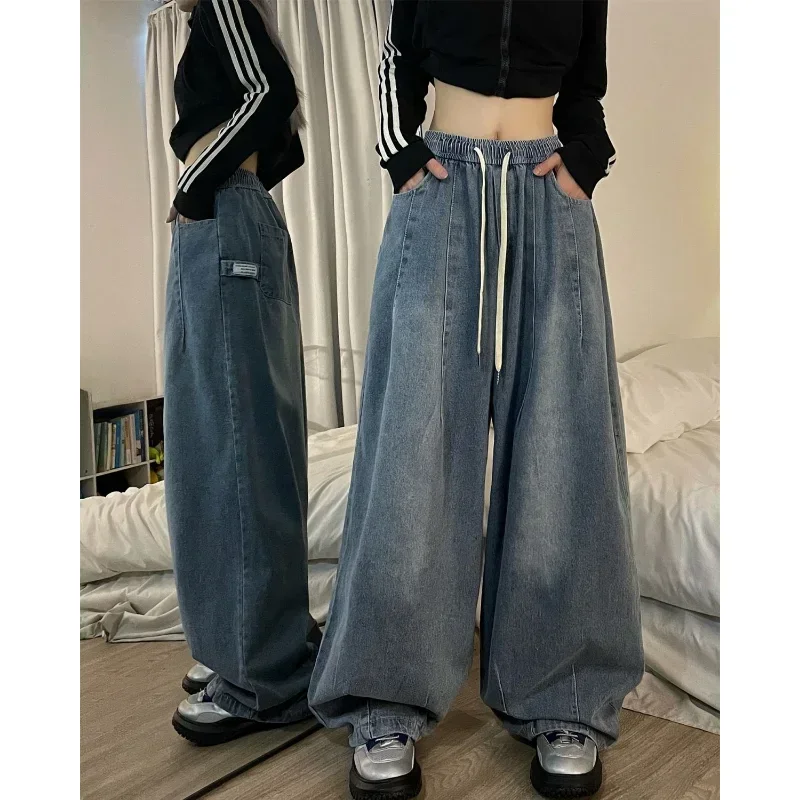 Vintage Drawstring Jeans for Women Long Pant Wide Leg Hip Pop Clothes American Baggy Straight Casual Female Street Cargo Pants