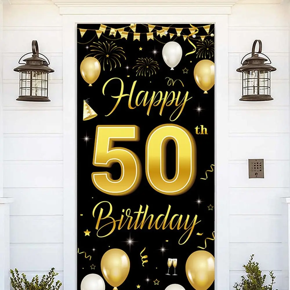 Black Gold Happy Birthday Door Hanging Banner Celebrate Polyester Party Door Background Balloon Cake