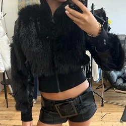 Black Fake Fur Coat for Women Fashion Pu Patchwork Short Jacket Autumn Winter Long Sleeve Warm Club Party Outwear 2023 New