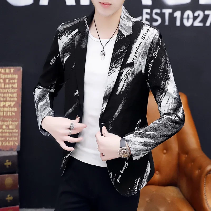 HOO 2024 Men\'s Autumn Wear New Printed blazer  Slim Youth Fashion Tailored     blazer