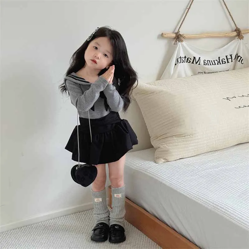 Baby Girls Sets Preppy Style Knitted Bow Tops Solid Puffy Skirt Skort 2024 Autumn New Children Two Piece Sets