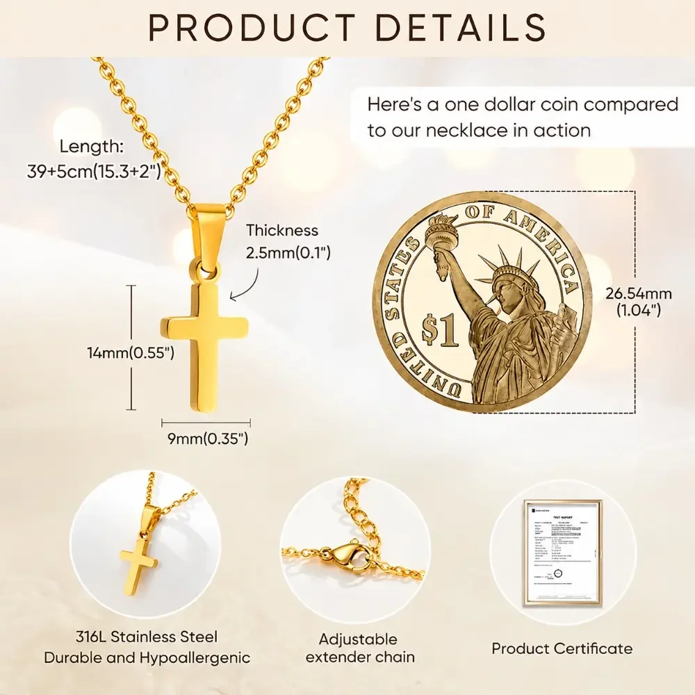 Kids' Minimalist Gold-Silver Cross Necklace Chain - Costume Necklaces with Faith Pendant, First Communion-Baptism Gift for Boys & Girls Fashion Accessory, Cross Chain, Faith Necklace