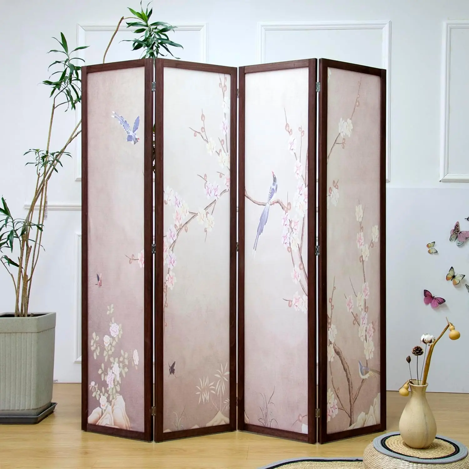Four Panel Fabric Room Divider Pattern 56 Ft Tall Folding Privacy Screen Room Separation Thickened Wood Frame Freestanding Parti