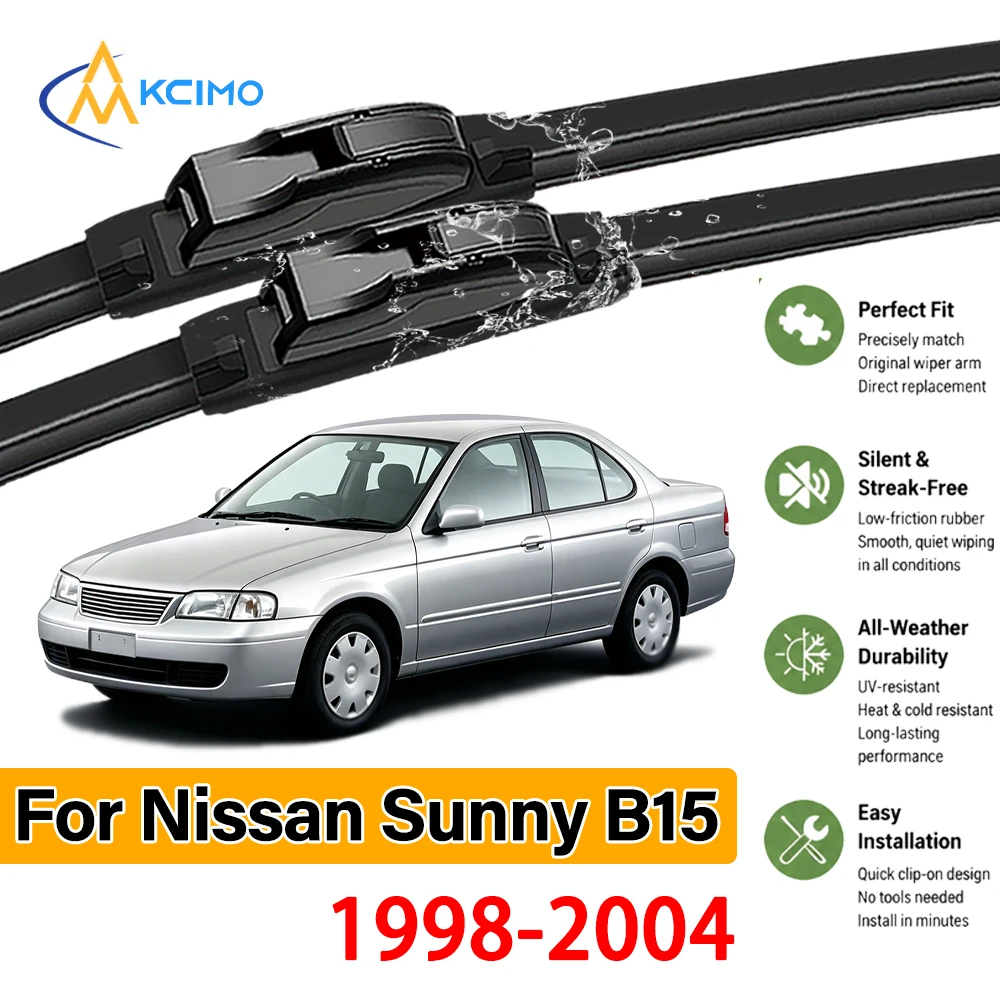 Long Lasting Sturdy Black Wiper Blades 2-Pack For Nissan Sunny B15 1998-2004, Quick Install, Excellent Cleaning Performance