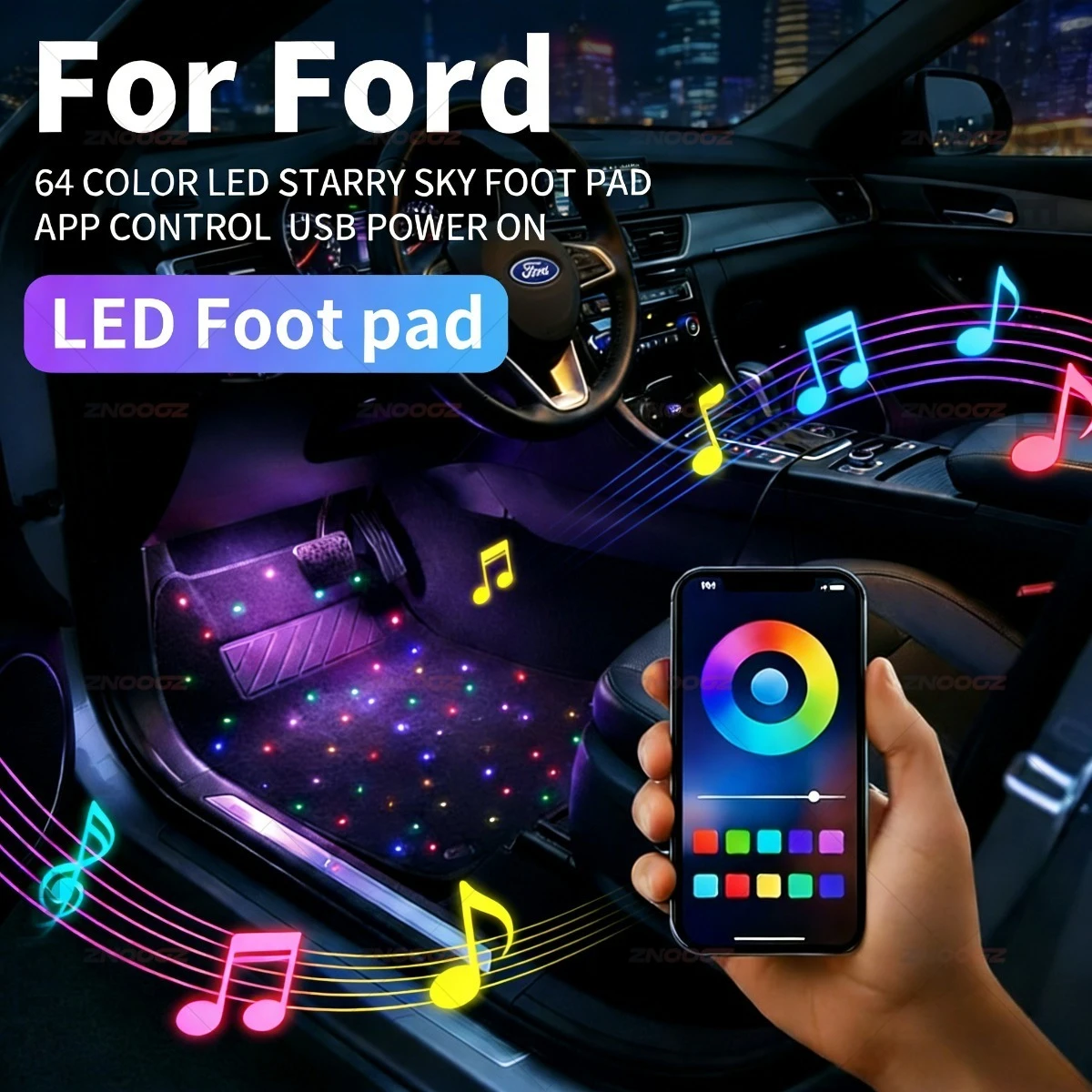 For Ford Transit_Connect Tourneo_Custom Transit_Custom Ranger_Raptor Bronco_Sport USB Car LED Starry Sky Foot Mat DIY Can Be Cut