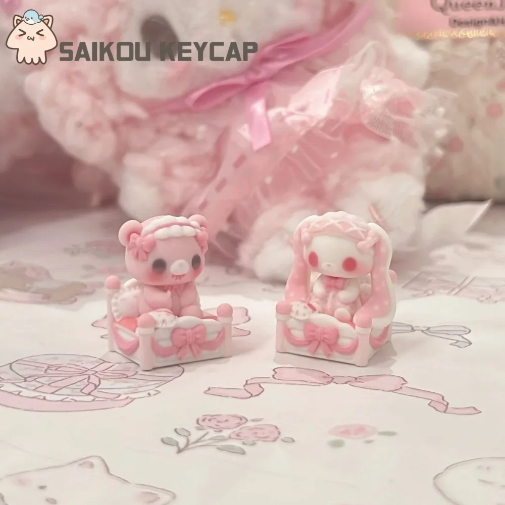 Anime Cute Rabbit Bear Theme Keycaps 3D Resin Custom Handmade Pink Keycaps for Mechanical Keyboard Accessories DIY Kawaii Gift