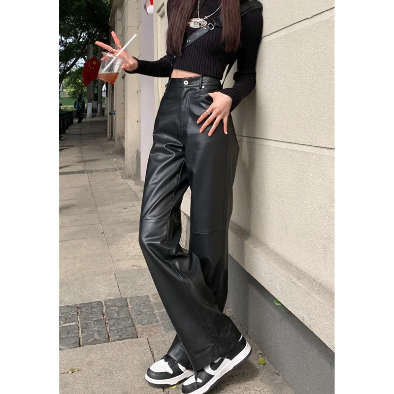 2023 Zwarte Vintage Straight Hoge Taille Vrouwen Leren Broek Amerikaanse Mode Streetwear Broek 2023 Casual Wijde Pijpen Broek