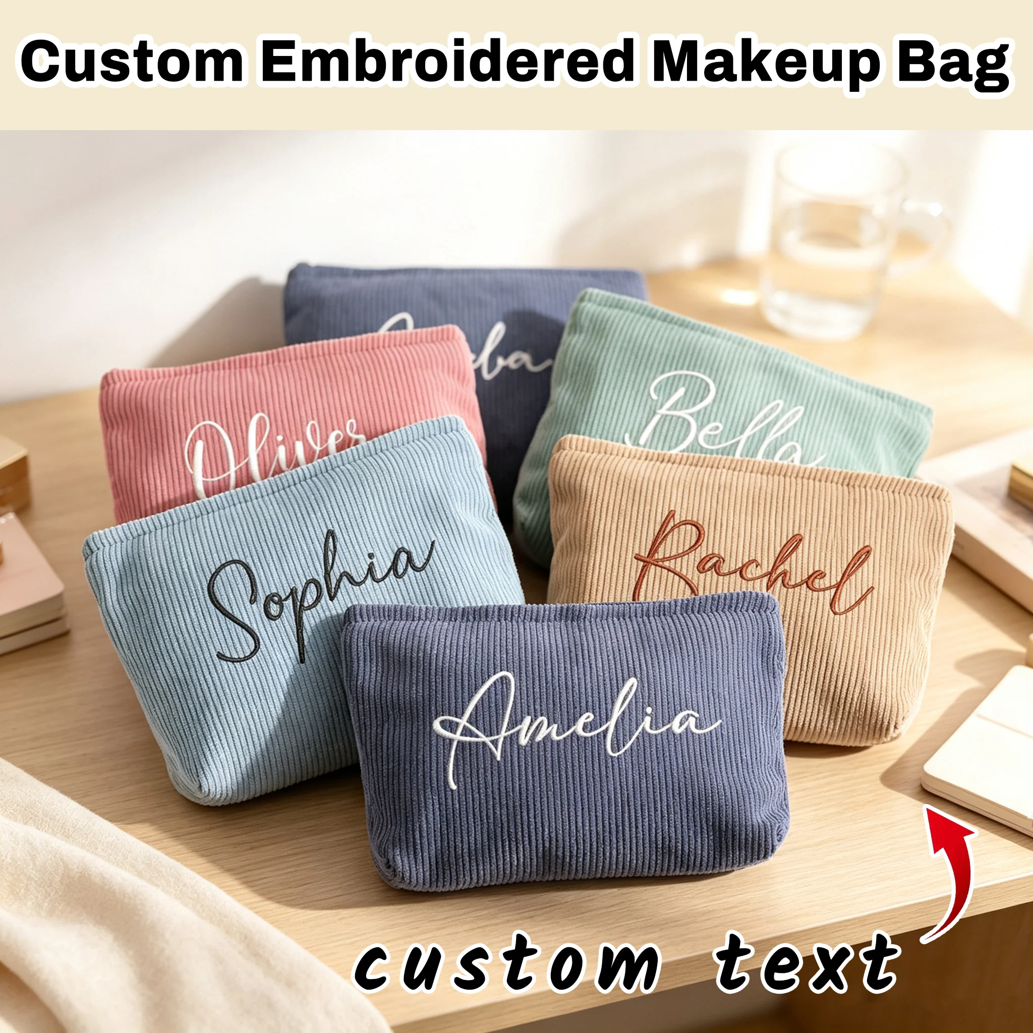 Personalized Custom Name Embroidered Corduroy Makeup Pouch, Large Capacity Travel Toiletry Bag Gift for Women, Multiple Colors