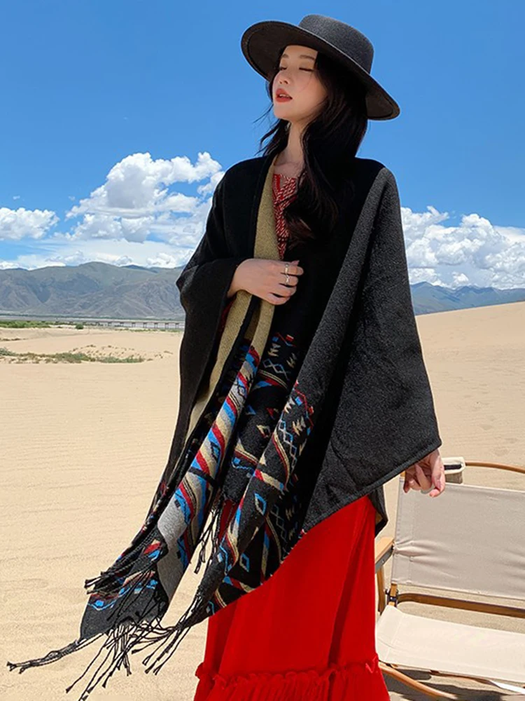 Jastie Ethnic Knitted Shawl Female Vintage Autumn Winter Travel Warm Scarf Cape Ladies Fashion Multifunction Tassel Poncho Women