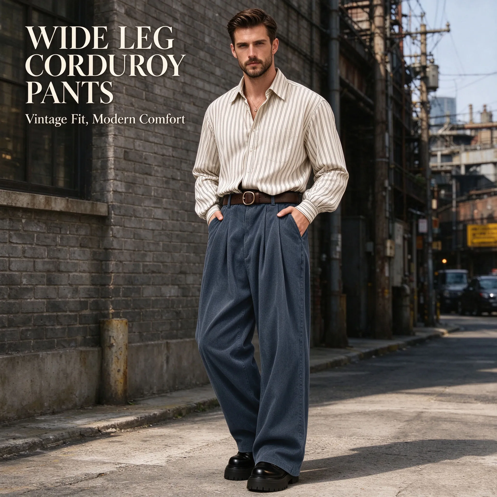 Men's Corduroy Wide Leg Pants High Waist Pleated Front Loose Trousers Spring Autumn Winter Vintage Casual Pants Big Tall Size