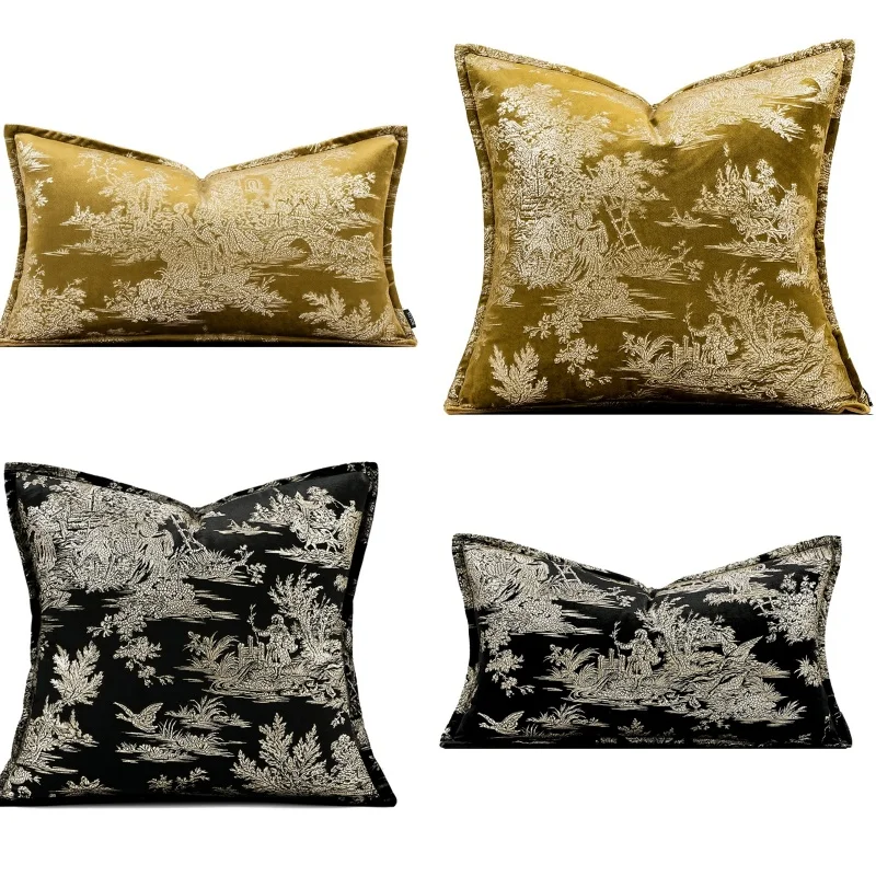 

Golden Black Color Pillows Retro Chinese Print Cushion Case Luxury Art Square Decorative Pillow Cover For Sofa Chair Home Decor
