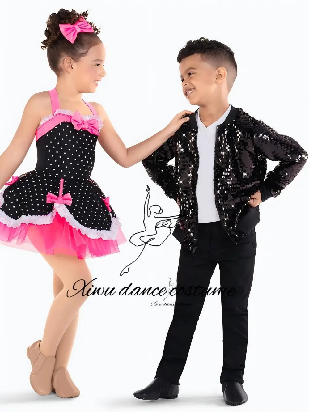 

Kids Latin Dance Costume Set, Girls Polka Dot Tutu Dress & Boys Sequin Jacket Performance Outfit