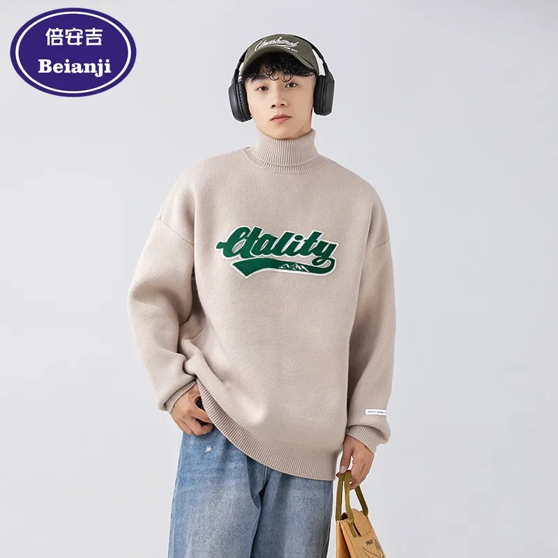 New Men's Fashion Winter Towel embroidery Knitted Sweater Warm Thick Half Turtleneck Coat Loose Style Full Sleeve Daily Pullover