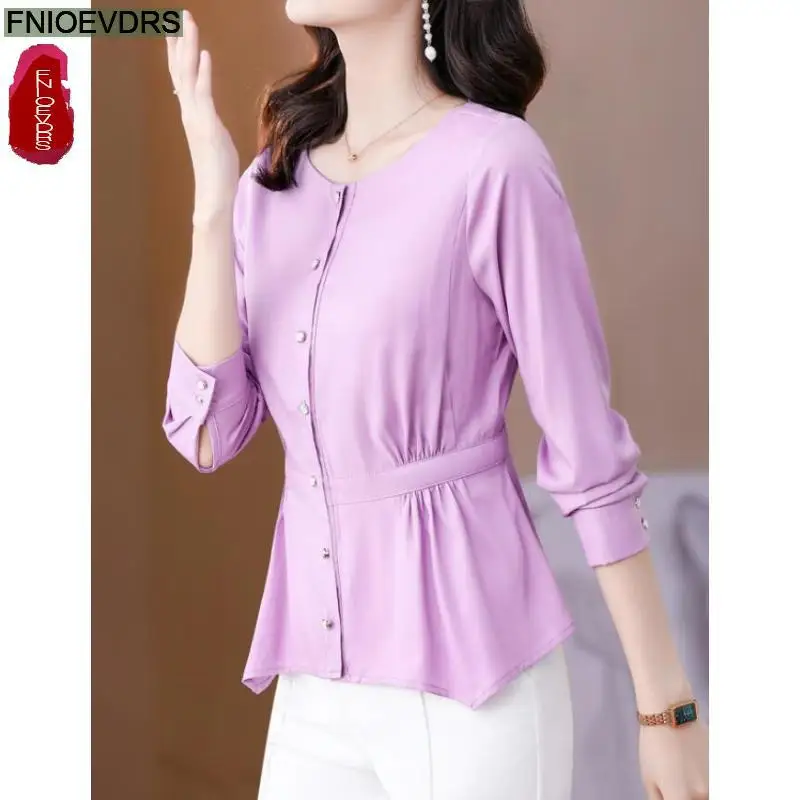 S-3XL 2023 Women Autumn Elegant Office Lady Work Button Basic Shirts Casual Slim Tunic Peplum Tops And Blouses Purple