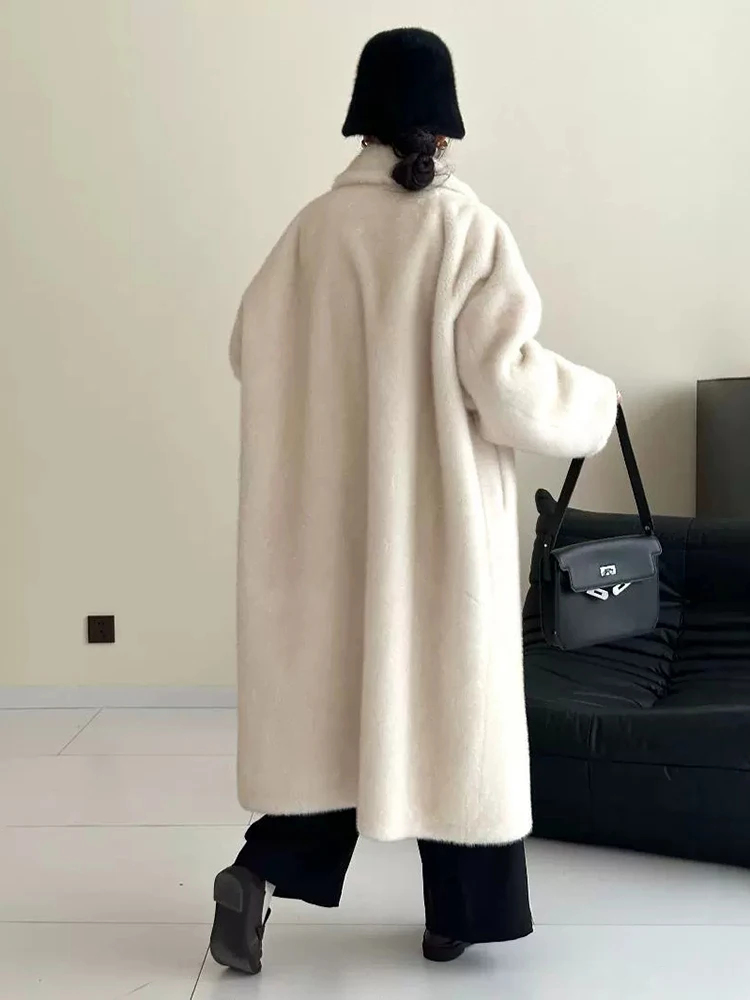 LANMREM Elegant Imitation Mink Coat For Women Lapel Single Breasted Solid Color Long Coats 2024 Winter New Clothing 2Z2628