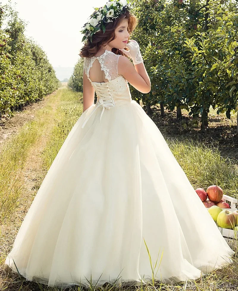 Elegant ดอกไม้สาวชุดลูกไม้ Tulle พิมพ์ปุยเจ้าหญิงงานแต่งงานชุดบอล First Communion วันเกิด Gowns