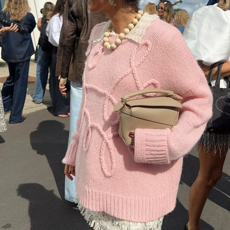 Trendix Winter Pink Knit Pullover For Women Fashion Embroidery O Neck Long Sleeve Sweater Street Loose Casual Knitwear Pullovers