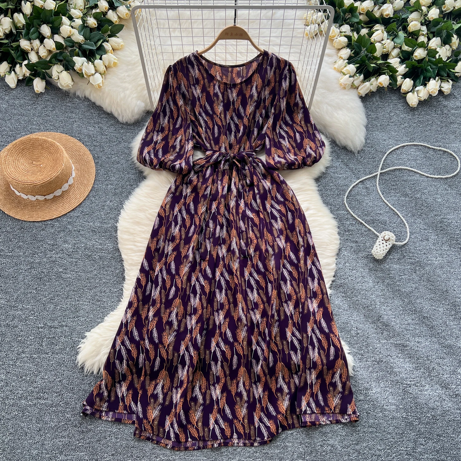 Retro o neck Dress Lantern Sleeve print chiffon Beach Vacation Women Korean Fashion Summer Vestidos dresses