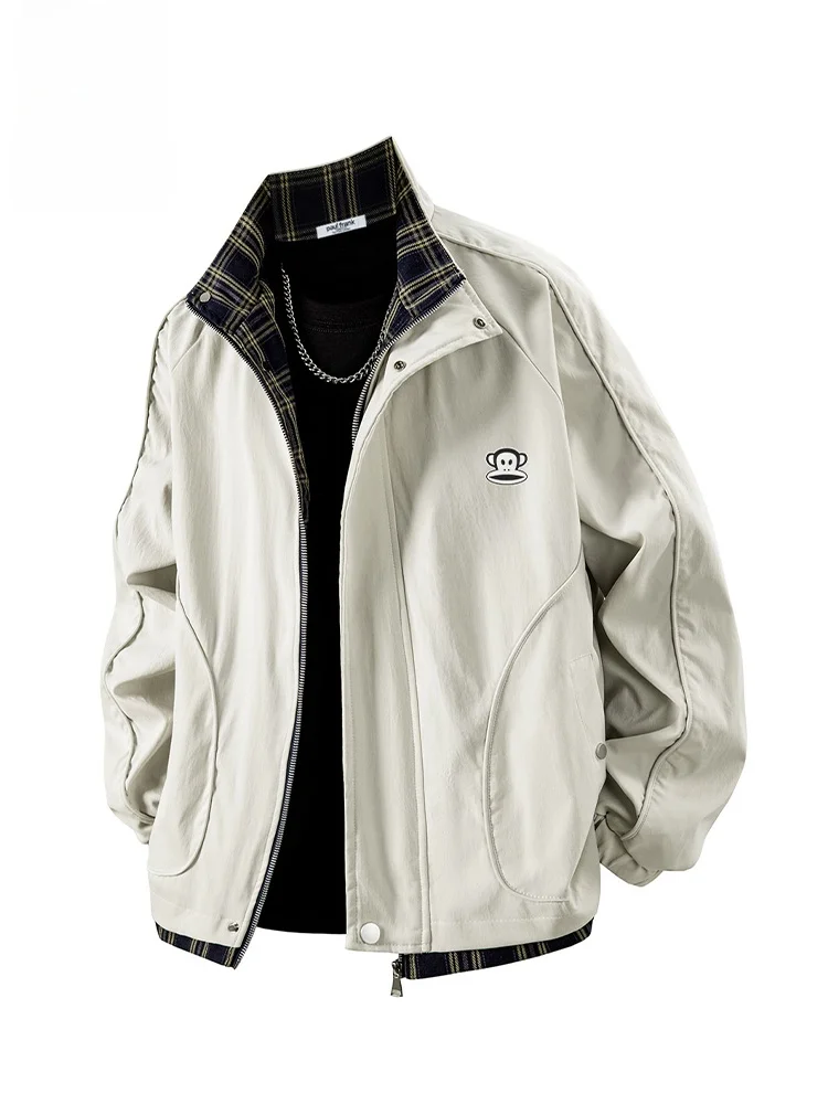 

PaulFrank Premium Plaid Collar Jaet Men's Casual Splice Color Contrast Outerwear Autumn Faion Brand Monkey Mouth Jaet