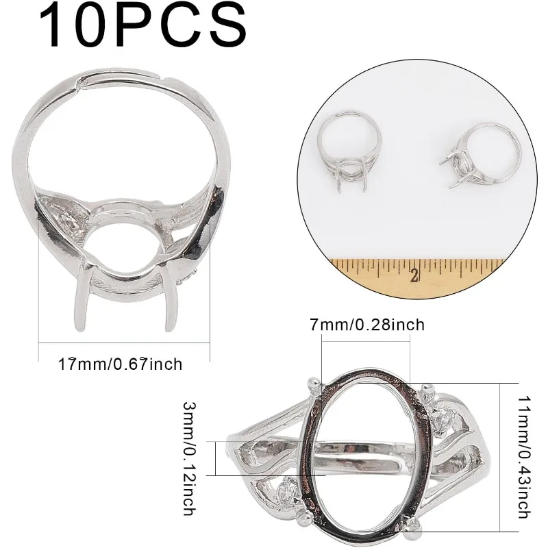 10 шт., Платиновое кольцо с 4 зажимами, пустое регулируемое латунное кольцо для пальцев, компоненты зубчатого кольца для овальных камней 11 мм, кабошон