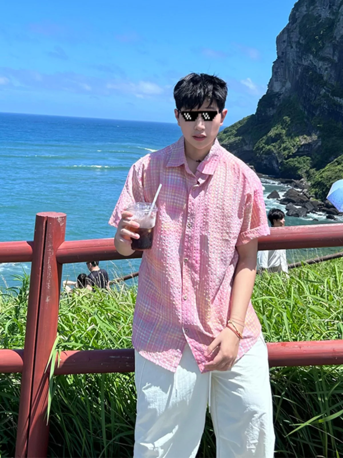 Pink Bubble Shirt Short Sleeve Men Summer Dopaamine Beach Shirt High-End Half Sleeve Jacket Loose Fit Youth Trendy Flip Collar