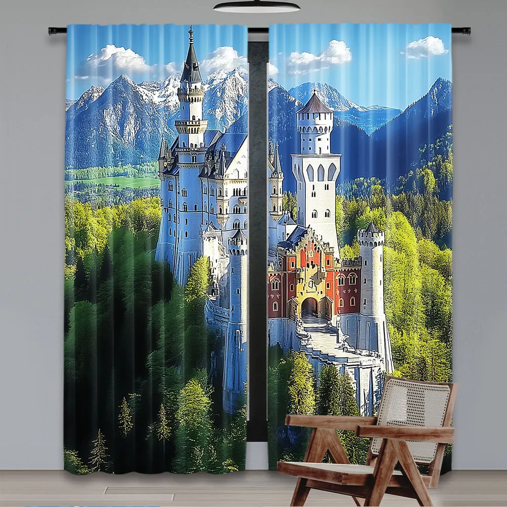 2Pcs Famous Germany Neuschwanstein Castle Curtain Romanesque Revival Palace Scenic Mountain Forest Window Drapes Party