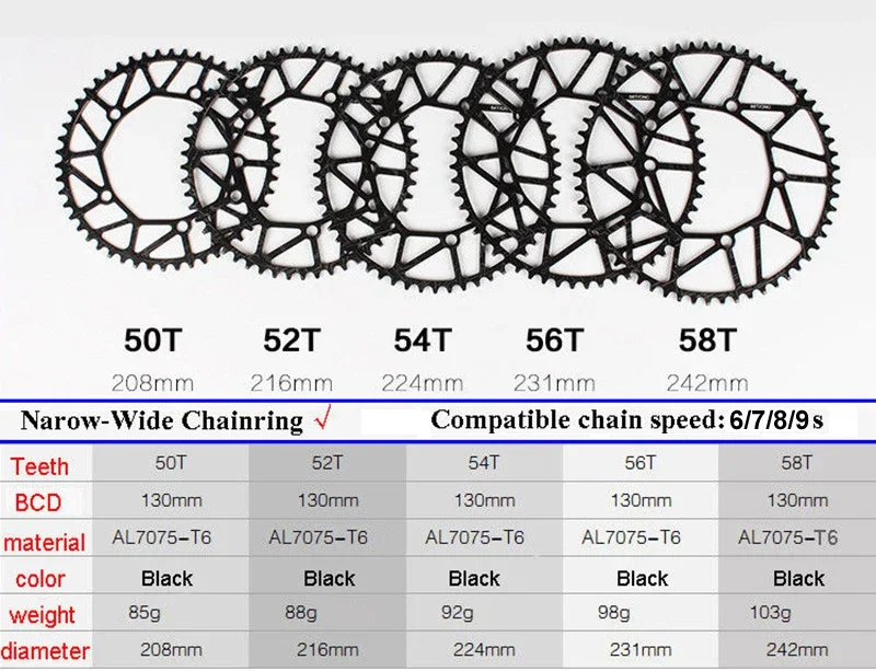 130BCD Chainring Aluminum Alloy Folding Bike Chainwheel 50T 52T 54T 56T 58T 130 BCD Road Bicycle Chainring 6/7/8/9 Speed