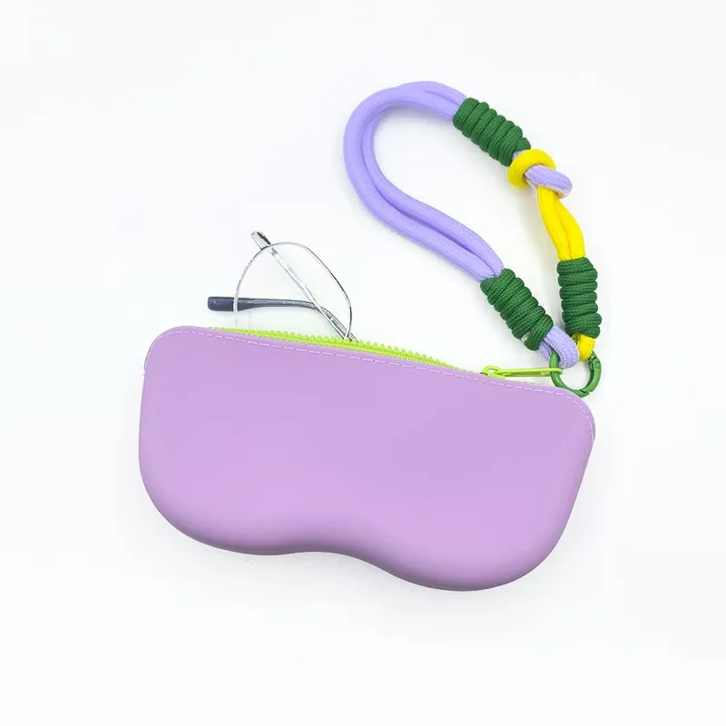 Silicone Glasses Protective Bag Color Matching Zipper Eyewear Holder Detachable Braided Lanyard Portable Travel Sunglasses Case