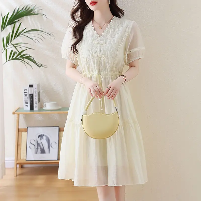 

2024 Summer New Women's Slimming Dress Loose Commuting Casual Splicing High Waist V-neck A-line Skirt