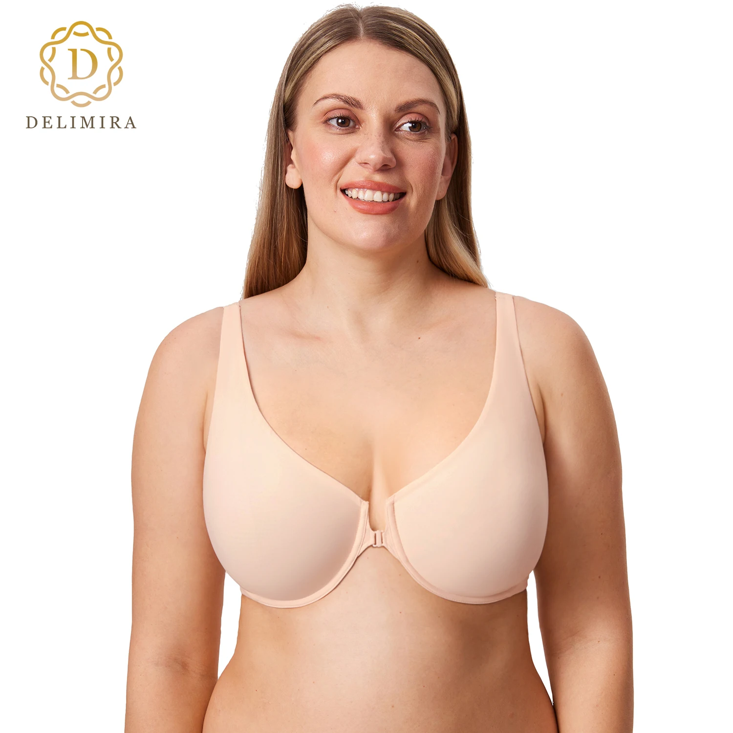 

DELIMIRA Women's Front Closure Bras Seamless Plus Size Plunge Underwire Unlined Comfortable Bra C D DD E F